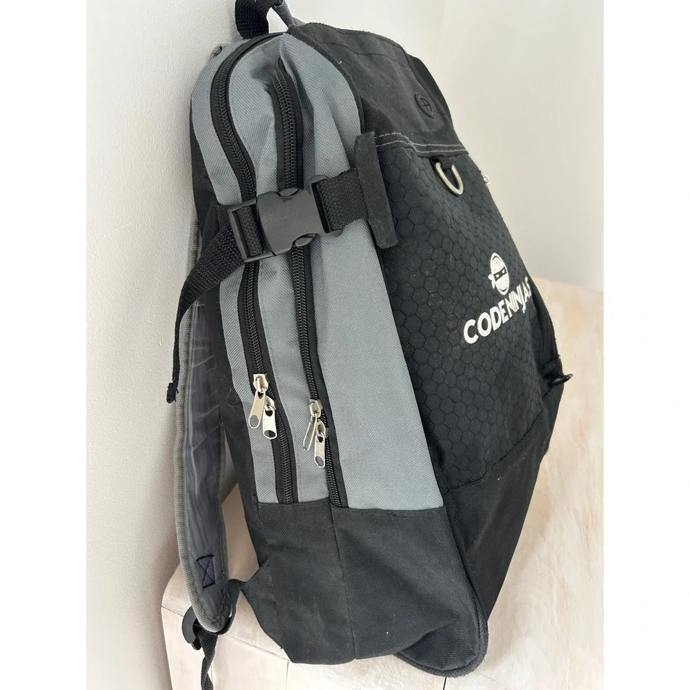Code Ninjas Backpack‎ Black Gray Honeycomb Pattern Multi-Pocket Tech Bag 18x13